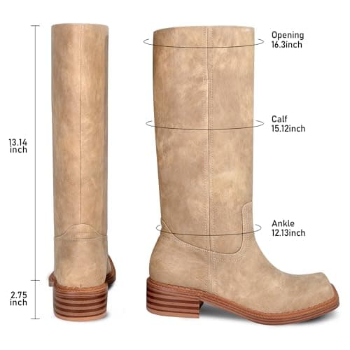 LeunDen Beige Banana Knee-High Boots for Women, Tall Riding Boots with Square Toe Low Chunky Heel Faux Leather Pull-On Campus Long Boots Size 7.5 - Thumbnail 4