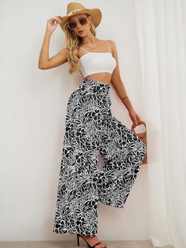 Heymoments Women's Wide Leg Dress Pants with Pockets White Flower Black Large Lightweight Elastic High Waisted Adjustable Tie Knot Flowy Casual Ladies Beach Pleated Trousers - Thumbnail 5