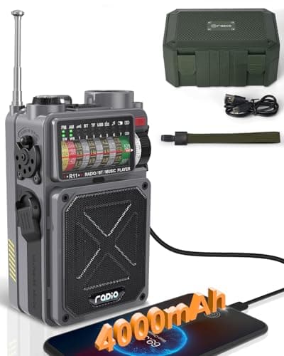 Emgykit R11 Portable Shortwave Radio - 4000mAh/14800mWh NOAA/SW/AM/FM, Solar/Hand Crank/USB Charging, Bluetooth Receiver/USB/TF Playback,with Compass,Flashlight,SOS for Camping & Emergencies - Grey - Image 1