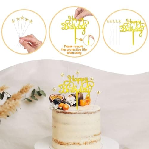 JRYZCHBO Happy Birthday Cake Topper,Acrylic Boy or Girl Cake Sign Decorations,Birthday Cake Topper Supplies for Men's Women's Birthday Party Cake Dessert (Gold+starts) - Thumbnail 6