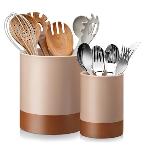 MALACASA Utensil Holder, 7.3"+5.5" Ceramic Kitchen Utensil Holder for Countertop, Large Cooking Utensil Crocks for Kitchen Counter, Farmhouse Utensils Organizer, Set of 2, Khaki Pink, Series TARA - Image 1