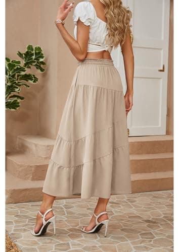 ECOWISH Women Boho Maxi Skirt: Summer Asymmetric Tiered Drawstring Elastic High Waist A-Line Flowy Long Skirts with Pockets 441 Khaki XL - Thumbnail 3