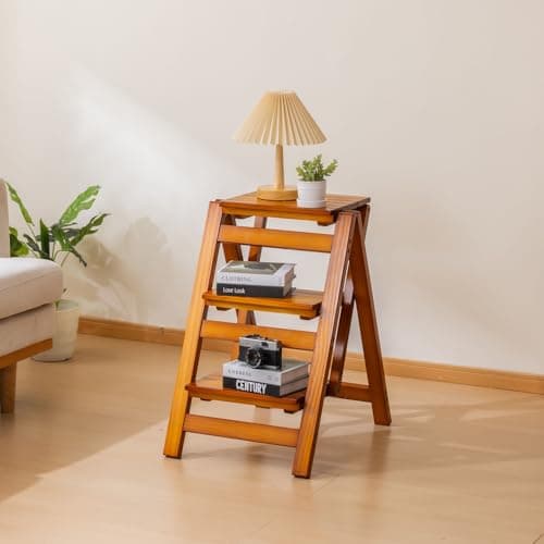 SOBIBO Wooden Step Stool, Foldable 3 Step Ladder, Solid Wood Ladder Stool for for Home, Kitchen & Garden Walnut - Image 1
