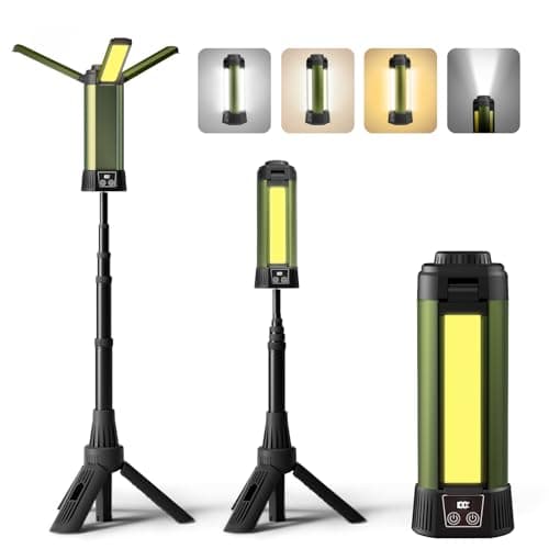 Mlogiroa Rechargeable Camping Light with Stand: Cordless Work Light Kit 3 Page Head 500/1000/2000 Lumen 3500/6500K - Dimmable 6AH Camp Lights with Detachable Tripod,Hooks and Carrying Bag(Green-S) - Image 1