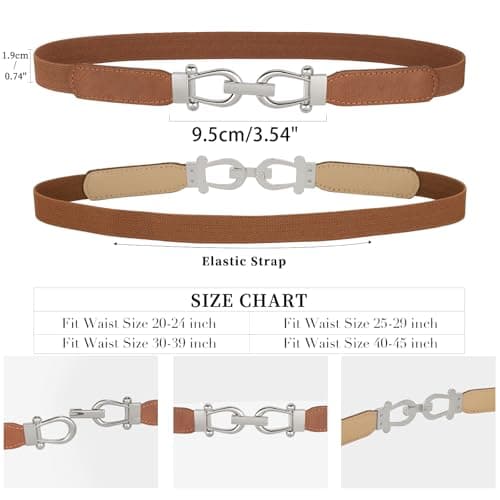 JASGOOD Women Skinny Elastic Belt for Dresses,Thin Retro Stretch Waist Belt with Silver Buckle 2 Pack,Black+Brown - Thumbnail 5