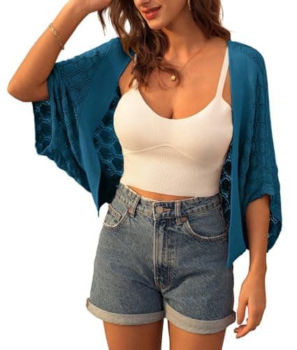 Women 2026 Batwing Hollow Out Open Front Crochet Shrug Cropped Cardigan Dark Blue M - Image 1