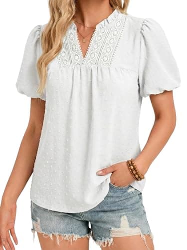 Funlingo Boho Tops for Women 2026 Summer Puff Short Sleeve V Neck Blouses Dressy Casual Flowy Swiss Dot Lace Babydoll Shirts Bohemian Clothes XL White - Image 1