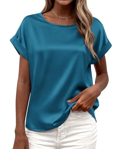 BTFBM Summer Tops for Women 2026 Dressy Satin Blouses Loose Crew Neck Short Sleeve Shirts Work Business Casual Outfits(Lake Blue, Large)