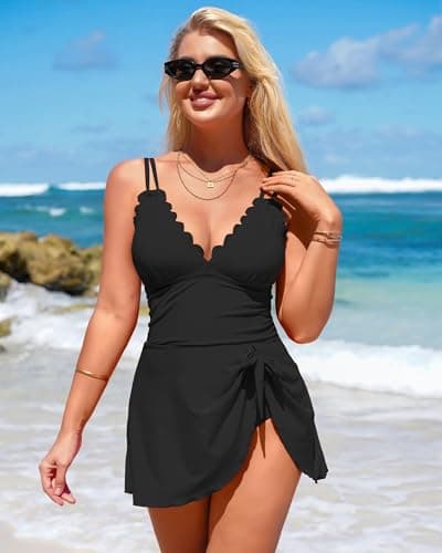 Charmo Womens Scalloped Swim Dress Bathing Suits One Piece Tummy Control Swimsuit Modest V Neck Swim Suits Black 2XL - Thumbnail 4