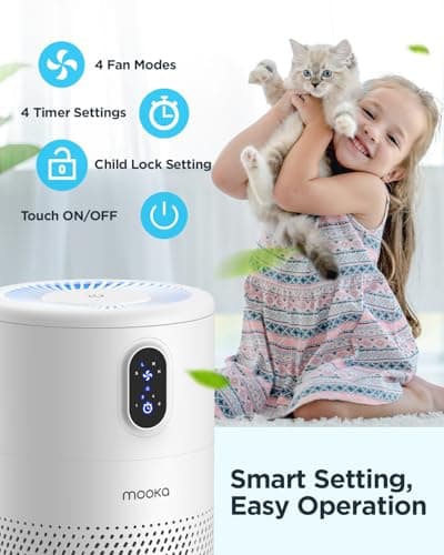 MOOKA Air Purifiers for Home Large Room up to 1076ft², H13 True HEPA Air Filter Cleaner, Odor Eliminator, Remove Smoke Dust Pollen Pet Dander, Night Light, B-D02L White - Thumbnail 5
