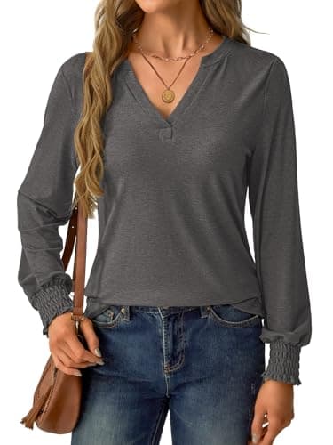 GKBK Womens Long Sleeve Shirts Fall Tops V Neck Business Dressy Casual Blouses with Smocked Cuffs Dark Gray - Thumbnail 5