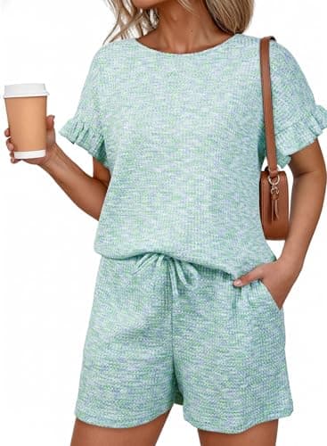 Dokotoo Vacation Outfits for Women 2 Piece Waffle Knit Matching Lounge Short Sets for Women Casual Rompers Beach Vacation Clothes Two Piece Women's Athletic Clothing Sets Cruise Outfits Green X-Large - Image 1