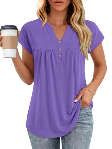 YOKGO Womens T Shirts Short Sleeve Pleated Button Top Dressy Casual V Neck Summer Tunic Tops Loose Fit Blouses Purple - Image 1