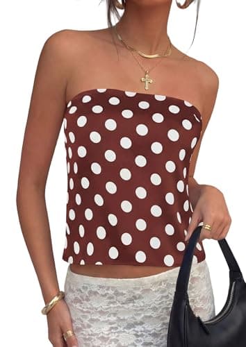PRETTYGARDEN Strapless Tube Tops for Women 2026 Summer Sleeveless Backless Polka Dot Going Out Top Bandeau Cute Y2k Shirt (Dot Brown White,Medium) - Image 1