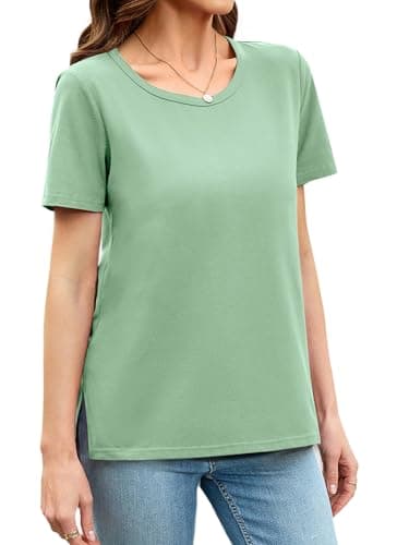 Herou Women Summer Casual Short Sleeve Tops T-Shirts Tees with Side Split Jade Green Large - Image 1