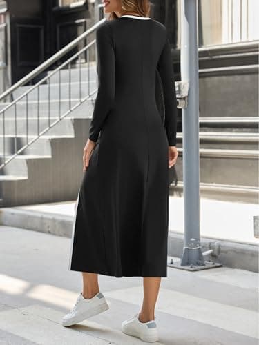 Wenrine Womens Long Sleeve Midi Dress 2025 Casual Fall Crewneck High Slit A Line Contrast Loose Maxi Dresses Black - Thumbnail 5