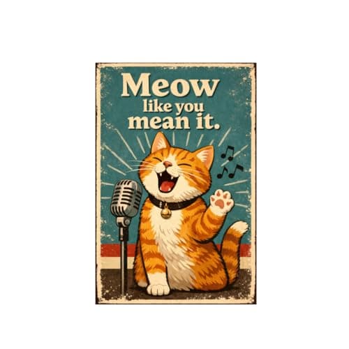 Meow Like You Mean It Vintage Tin Sign Funny Cat Wall Decor Retro Singing Cat Metal Plaque Music Humor Wall Art 8x12 Inch Pre Drilled Holes - Image 1