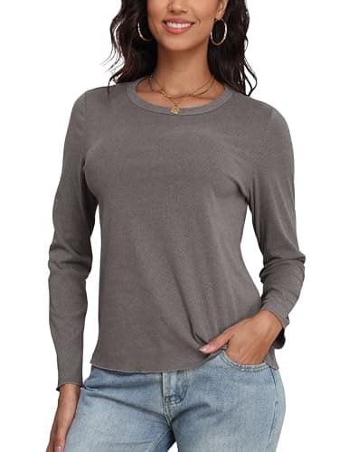 COCOMARTS Womens Long Sleeve Crewneck Knit Basic Tops Loose Casual Shirt 2025 Fall Winter Outdoor Thermal Undershirts Light Gray Medium - Image 1