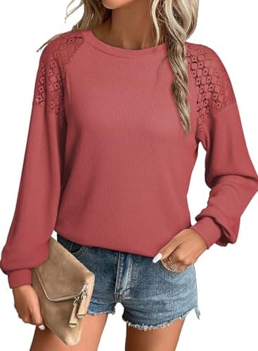 EVALESS Long Sleeve Tops for Women Trendy Spring Fall Fashion 2025 Crewneck Waffle Knit Lace Patchwork Basic Tee Shirts for Women Loose Fit Ladies Dressy Casual Cute Tops Clothes Outfits Pink X-Large - Image 1