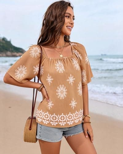 IEEILULU Boho Tops for Women Floral Print Square Neck Loose Fit Blouses Tunic Casual Beach Vacation Shirts Yellow White XL - Thumbnail 5