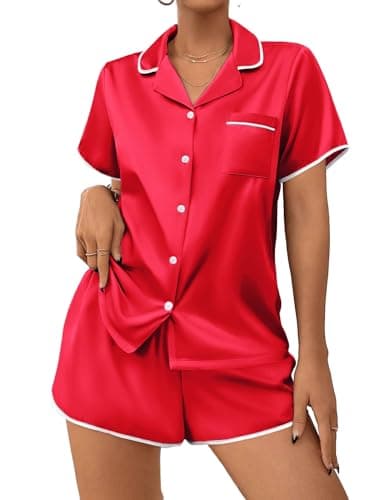 Ekouaer Women's Satin Pajamas Set 2 piece Silky Sleepwear Buttton Down Short Sleeves Top and Shorts Pj Set Red S - Image 1