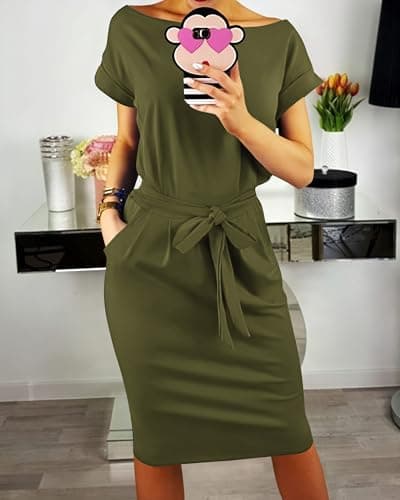 PRETTYGARDEN Women's Summer Short Sleeve Crewneck Striped Dress Basic Solid Tie Waist Office T Shirt Dresses Pockets(Army Green,Small) - Thumbnail 3