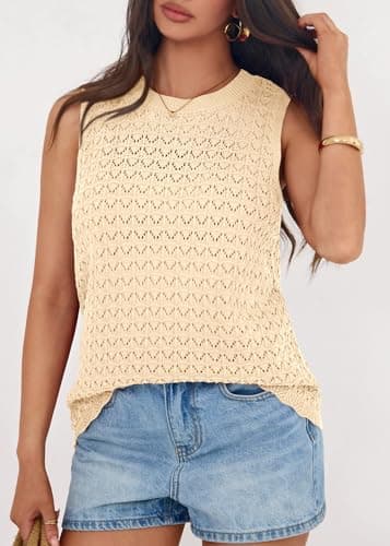 KIRUNDO Sweater Vest Women Crochet Tank Tops 2026 Spring Summer Sleeveless Knit Pullover Beach Cover Up Vacation Outfits (Beige, XX-Large) - Thumbnail 4