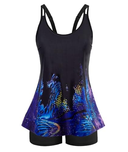 Plus Size Tankini Sun Protect Long Torso Tankini Sets High Waist Bathing Suit Purple Leopard Print Swimsuits Floral 20W - Image 1