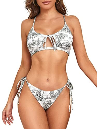 ZAFUL Women's Toile String Bikini Set Cut Out Lace Up Two Piece Swimsuit High Cut Tie Side Bathing Suit Dark Gray L - Image 1