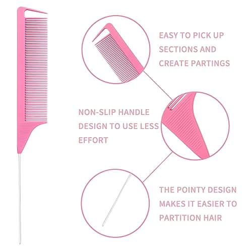 UREELIN Detangler Brush Set for 3a,4c,Wig/Thick/Wavy/Curly/Wet Slick Back Hair Brushes,Rat Tail Combs,8-Row,Edge Brush,For braiding,teasing,parting,styling,kids,girls,women(Pink) - Thumbnail 5