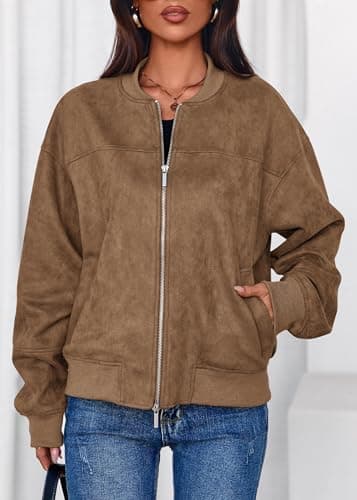 Lazysmile Women's Faux Suede Bomber Jackets Fall Fashion Outfits Winter Clothes Stand Collar Zip Up Coat Outwear with Pockets - Thumbnail 5