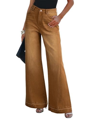 Dokotoo Womens Jeans Baggy Stretchy Casual High Waisted Wide Leg Pants for Women Fashion Spring Summer Outfits Loose Fit Solid Cotton Breathable Raw Hem Flare Denim Jeans with Pockets Brown Size 6 - Image 1