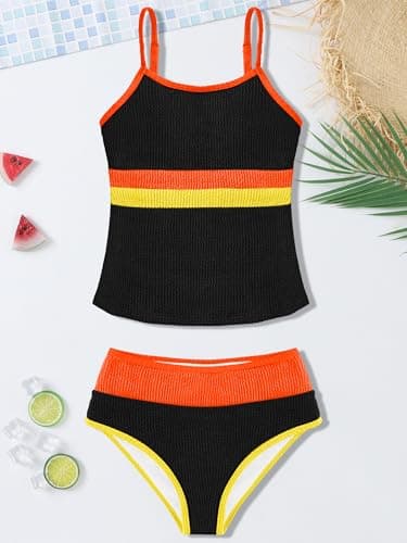 AMAWMW Teen Girls Tankini Swimsuit Quick Dry 2 Piece Bathing Suit for Girls with Chest Pad Kids Swimwear Size 7-16Y, Black, 7-8Y - Thumbnail 6