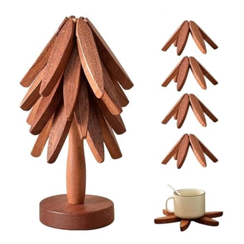 Wooden Trivets for Hot Dishes, Tree Shape Trivet Set, 4 Wooden Trivets + 1 Stand, for Hot Dishes, Pot, Bowl, Teapot, Hot Pot Holders(Walnut Wood) - Image 1