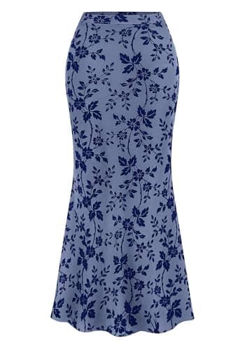 BTFBM Womens Floral Mesh Maxi Skirt 2026 Spring Summer Elastic High Waisted Boho Elegant Mermaid Long Skirts for Women(Dusty Blue, XX-Large) - Image 1