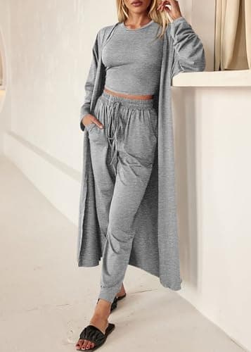 KIRUNDO 3 Piece Lounge Sets for Women Airport Travel Vacation Outfits Spring Cardigan Matching Sleeveless Top Jogger Pants(Light Grey, Medium) - Thumbnail 4