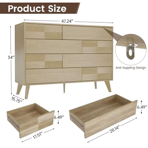 Hadulcet Wood Dressers for Bedroom 47” Wide, Large 8 Drawer Dresser TV Stand, Modern Chest of Drawers for Closet Clothes Storage Organizer with Fluted Panel, No Handles Design, Natural Oak - Thumbnail 2