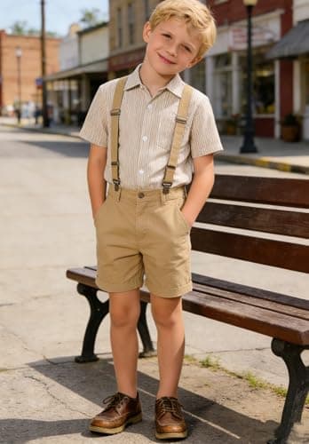 Cozople Khaki Shirts for Boys Button Up Shirt Casual Short Sleeve Funny Stripe Blouse Tops for Vacation Beach Party 7-8 Years - Thumbnail 3