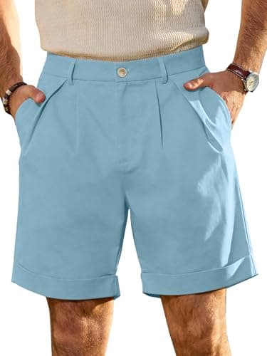 JEMLDL Men's Cotton Linen Shorts 7" Casual Pleated Summer Vacation Beach Coastal Nautical Elastic Waist Sky Blue Shorts with Pockets Medium - Image 1