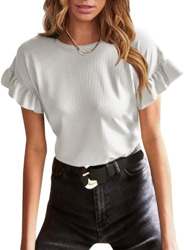 EVALESS Womens Summer Tops Ruffle Short Sleeve Casual T Shirts 2025 Fashion Trendy Spring Round Neck Cute Plain Knit Loose Fit Tee Blouse Clothes White Large - Image 1