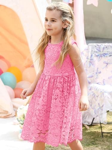 ALLOVIN Girls & Toddlers Sleeveless A-Line Lace Party Dress Birthday Wedding & Flower Girl Dress with Beaded Bowknot | Rose Pink | 6-7Y - Thumbnail 3