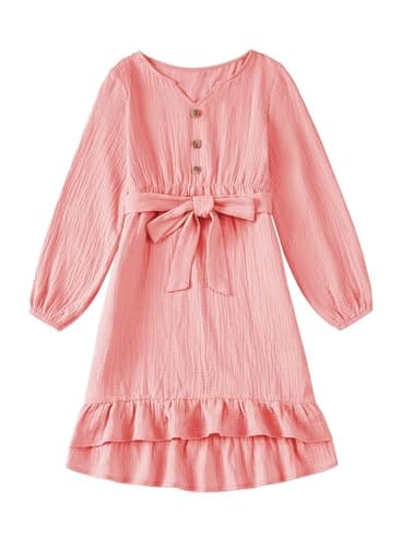 blibean Girls Fall Long Sleeve Cotton Dresses Tween Kids Ruffle Button Belted Flare Dress Little Girl Semi Formal Solid Casual Boho Fancy Party Clothes Spring Outfit Size 12-13 Year Old Blush Pink - Image 1