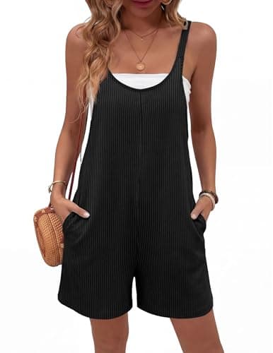 Ekouaer Rompers for Women Casual Loose Sleeveless Overalls Shorts Knit Jumpsuits 2026 Summer Vacation Beach Outfits with Pockets Black XL - Image 1