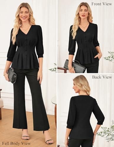 GRACE KARIN Women Business Casual Tops, 2026 Spring Trendy Dressy Blouses, 3/4 Sleeve V Neck Work Shirts Black Medium - Thumbnail 4