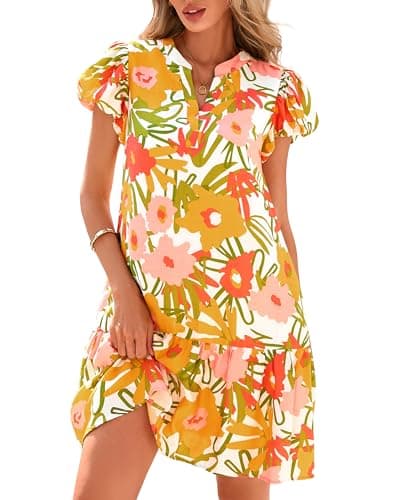 dowerme Womens Summer Dresses 2026 Puffy Sleeve V Neck Loose Floral Print A Line Boho Mini Babydoll Dress with Pockets(White Yellow Flower,Large) - Image 1