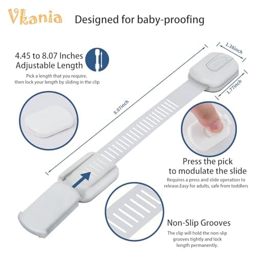 12 Pack Vkania Baby Proofing Cabinet Strap Locks - Child Safety Drawer Cupboard Oven Refrigerator Adhesive Locks - Adjustable Toilets Seat Fridge Latches - Kids Proof Kit - No Drilling - Thumbnail 2