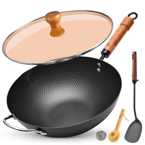 WANGYUANJI Flat Bottom Wok Pan, 12.6 Inch Carbon Steel Stir Fry Pan with Lid, Uncoated Heavy Duty Iron Woks for Cooking, Compatible with Induction Gas Electric Stovetops, Deep Frying Skillet Cookware - Image 1