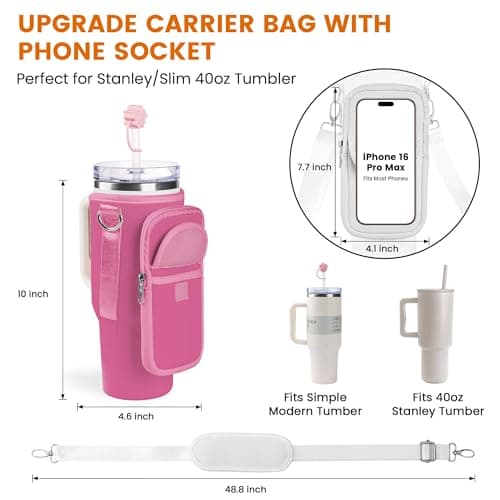BOCMTR Water Bottle Holder with Strap for Stanley 30/40 oz Tumbler, Fashion Stanley Cup Bag with Big Phone Pocket, Silicone Boot, Straw Cover & Leak Proof Stoppers (Pink) - Thumbnail 3