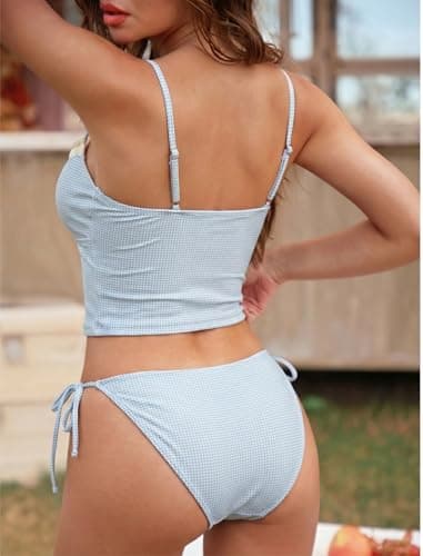 ZAFUL Light Blue Gingham Womens Cute Tankini Bathing Suits Two Piece Checkered Tankinis Sets Bow Color Block Swimsuits with Tie Side Bottom - Thumbnail 2