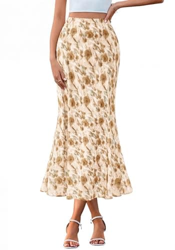 BTFBM Satin Skirts for Women Trendy Spring Summer 2026 High Waisted Leopard Print Cocktail Wedding Long Silk Midi Skirt(Floral Apricot Brown, Medium) - Image 1